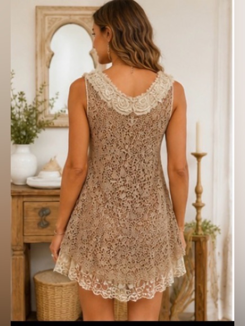Pretty Angel Tan Crochet Linen Blend Tunic Top/Dress Boho Fairycore Feminine - Picture 2 of 10